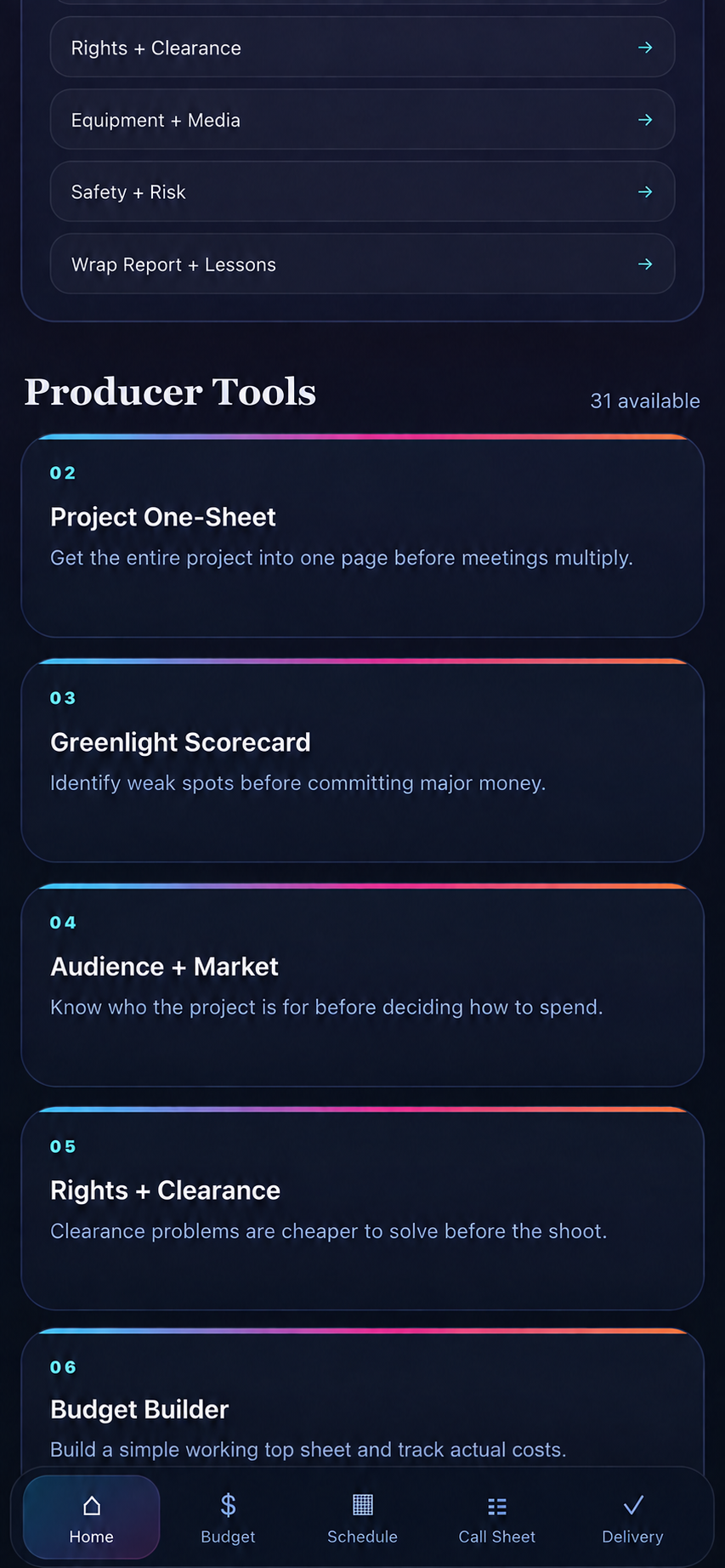 Producer Tools including the Project One-Sheet, Greenlight Scorecard, Audience and Market, Rights and Budget Builder