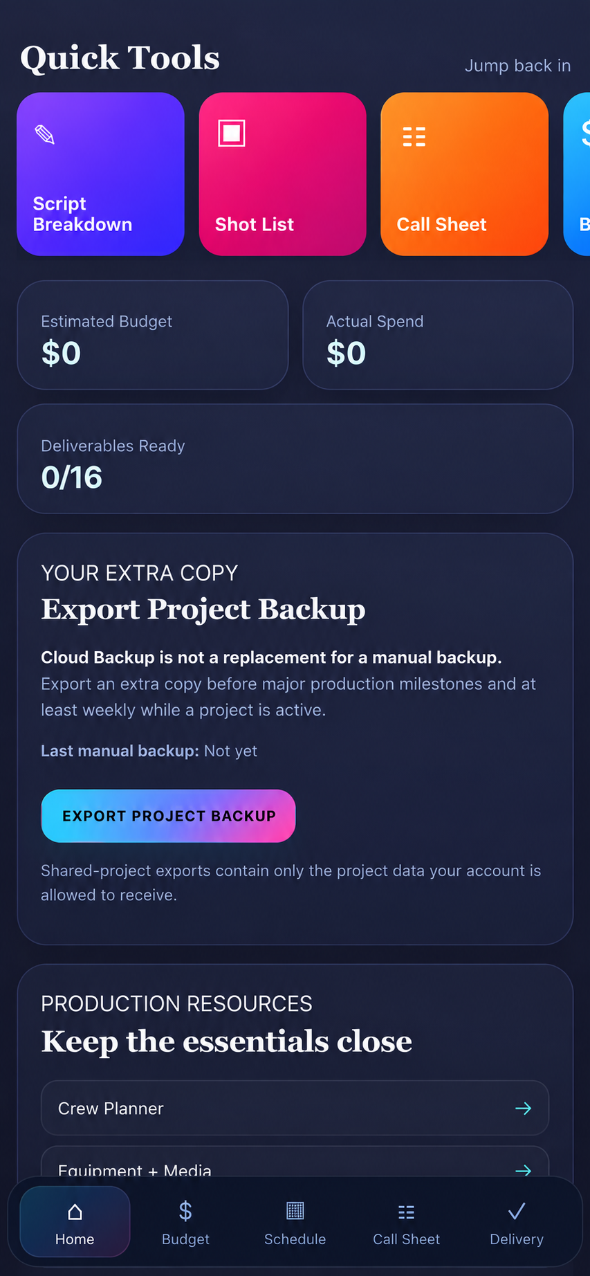 Colorful Script Breakdown, Shot List and Call Sheet quick tools with budget and deliverable metrics