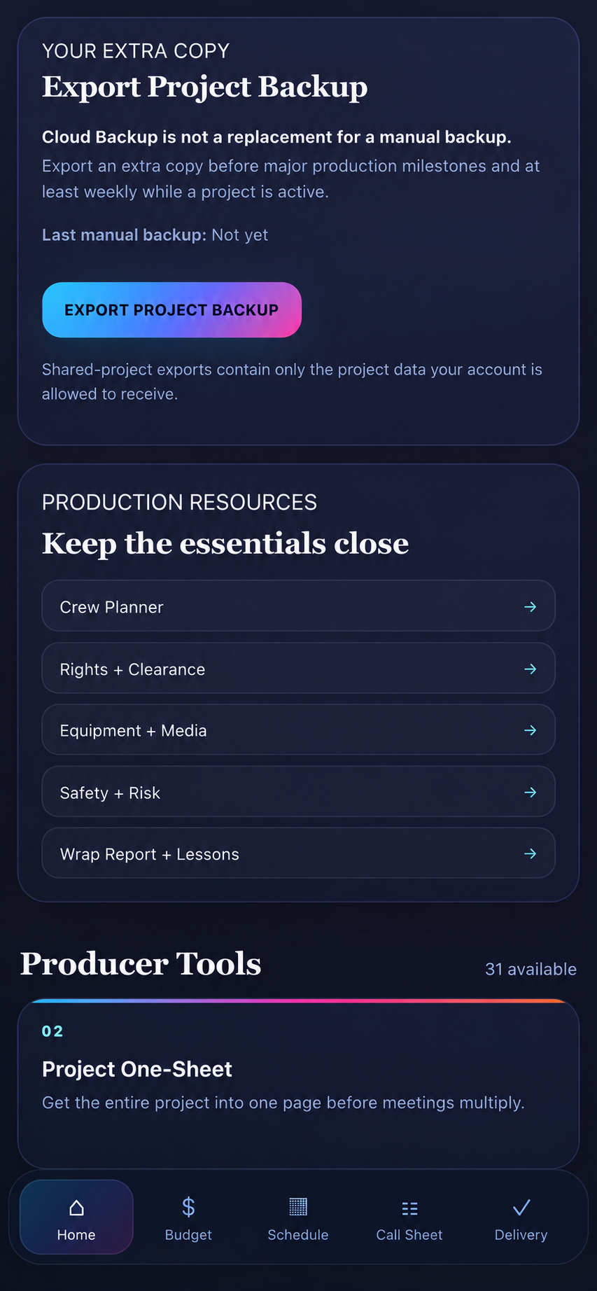 Project backup and production resources including Crew Planner, Rights, Equipment and Safety